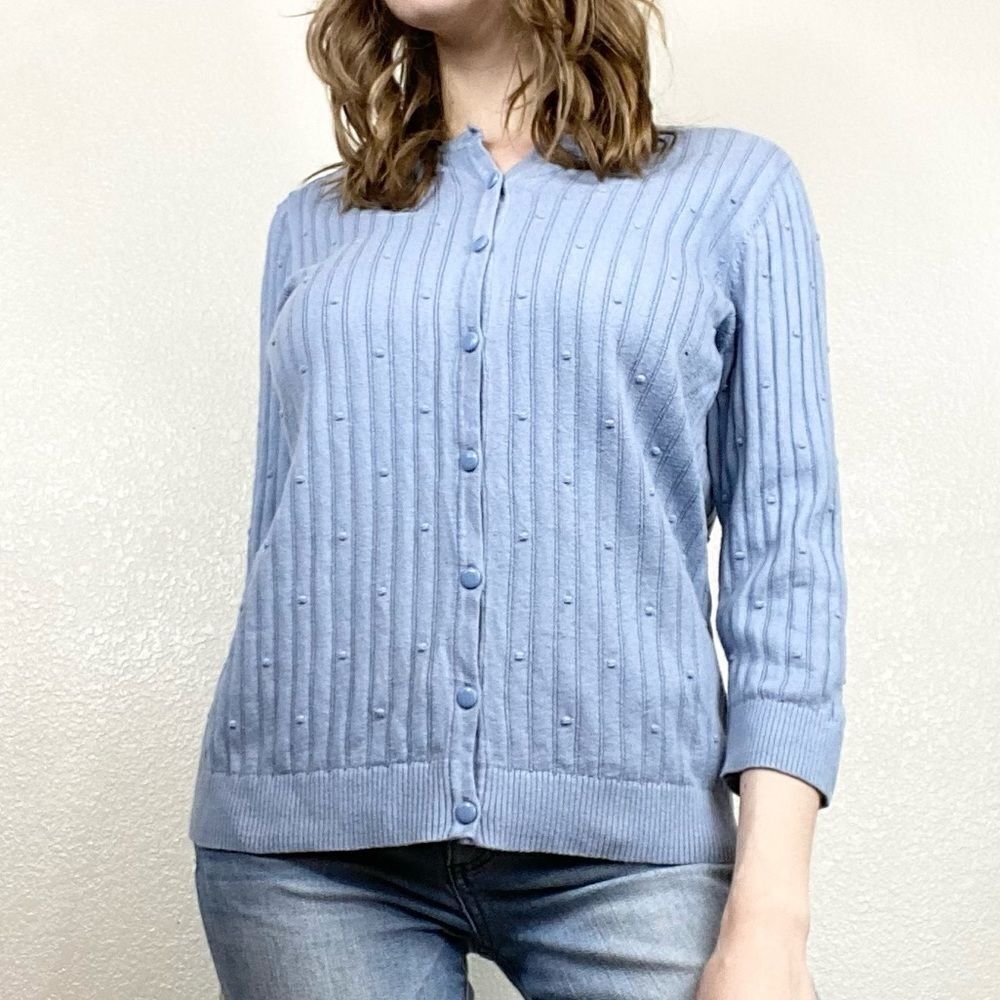 Vintage Blue Polka Dot Knit Button Up Cardigan Sweater